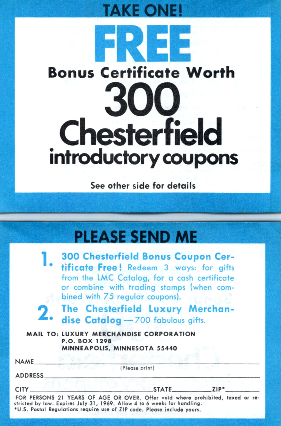 1969 Chesterfield Cigarette Advertising Merchants Coupon Book Luxury Merchandise