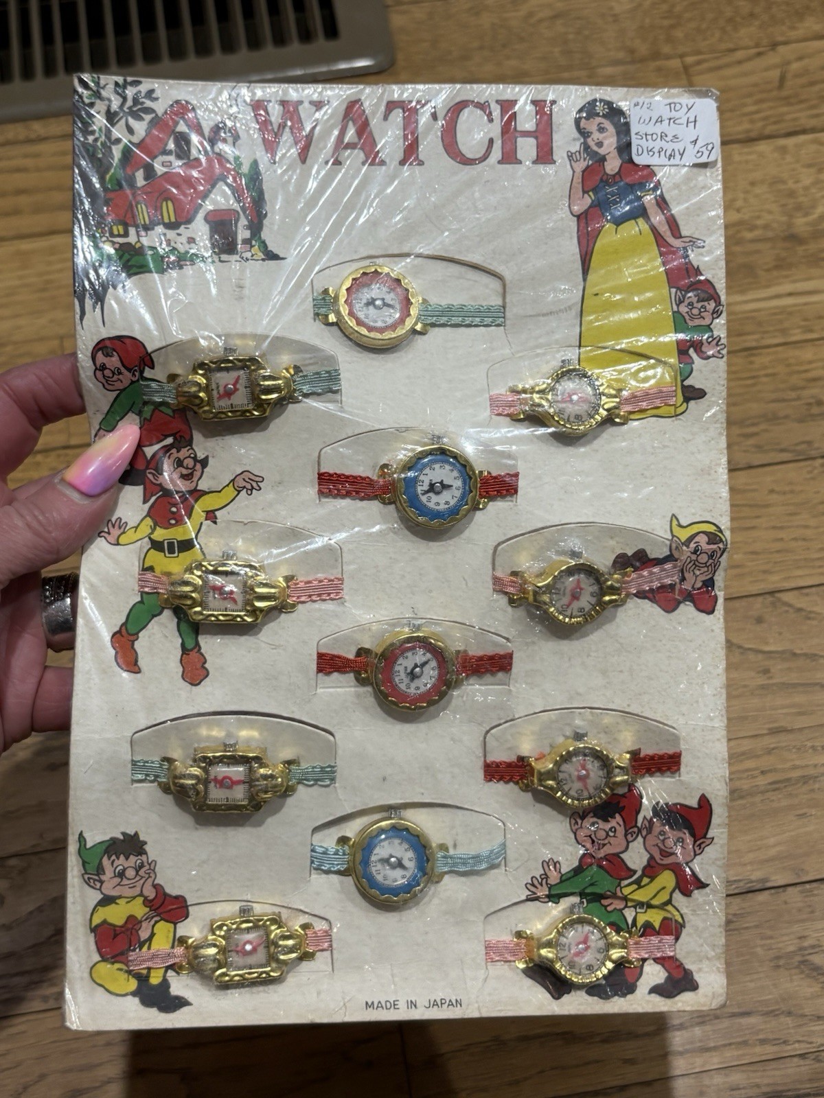 Vintage Snow White & 7 Dwarfs Toy Watch Store Display Card Old Store Stock Japan