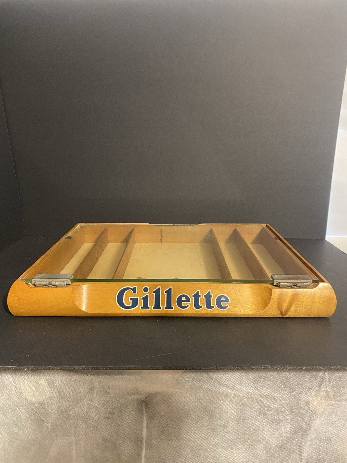 Vintage Gillette Wooden Countertop Razor Display Case Glass Lid 1950s Rare