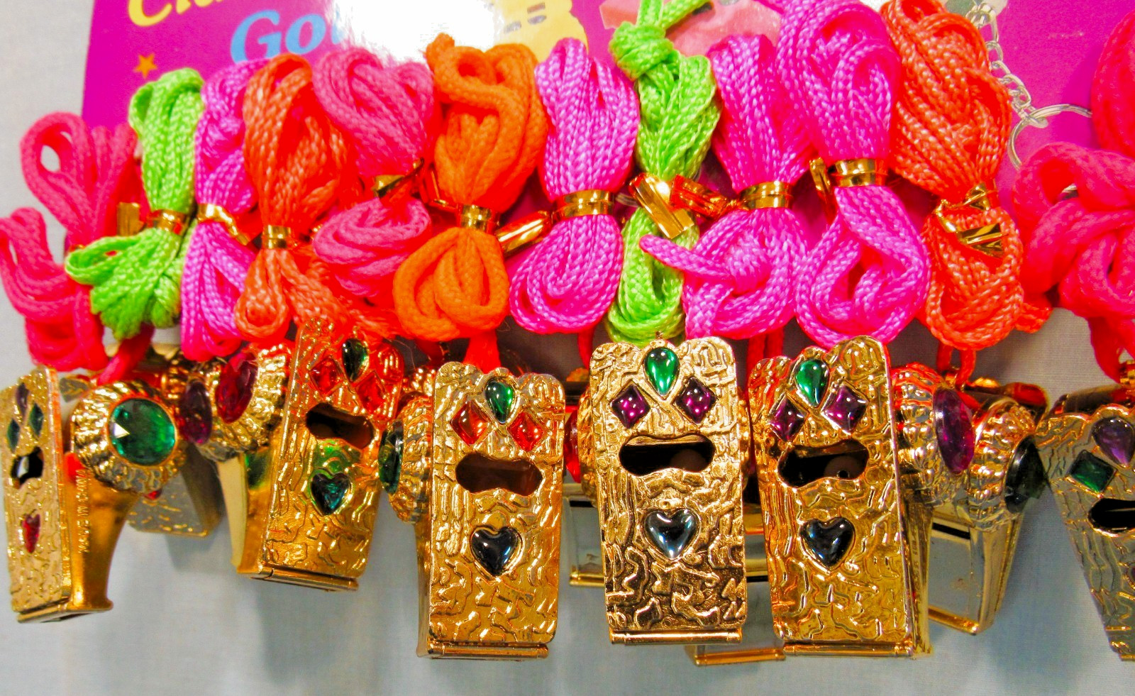 Whistles ~ Store Display Card Full of Whistles ~ Gold ~ Jeweled & Tethered ~ NOS