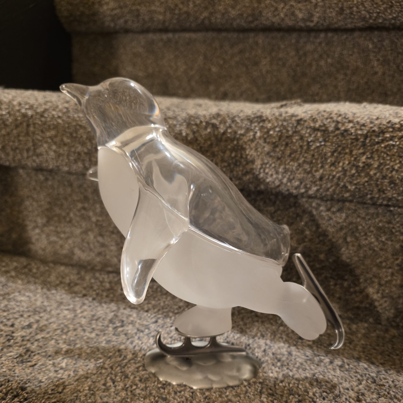 Lucite Penguin On Ice Skates Clear & Frosted 8” Tall – 1950’s Movie TV Prop MCM