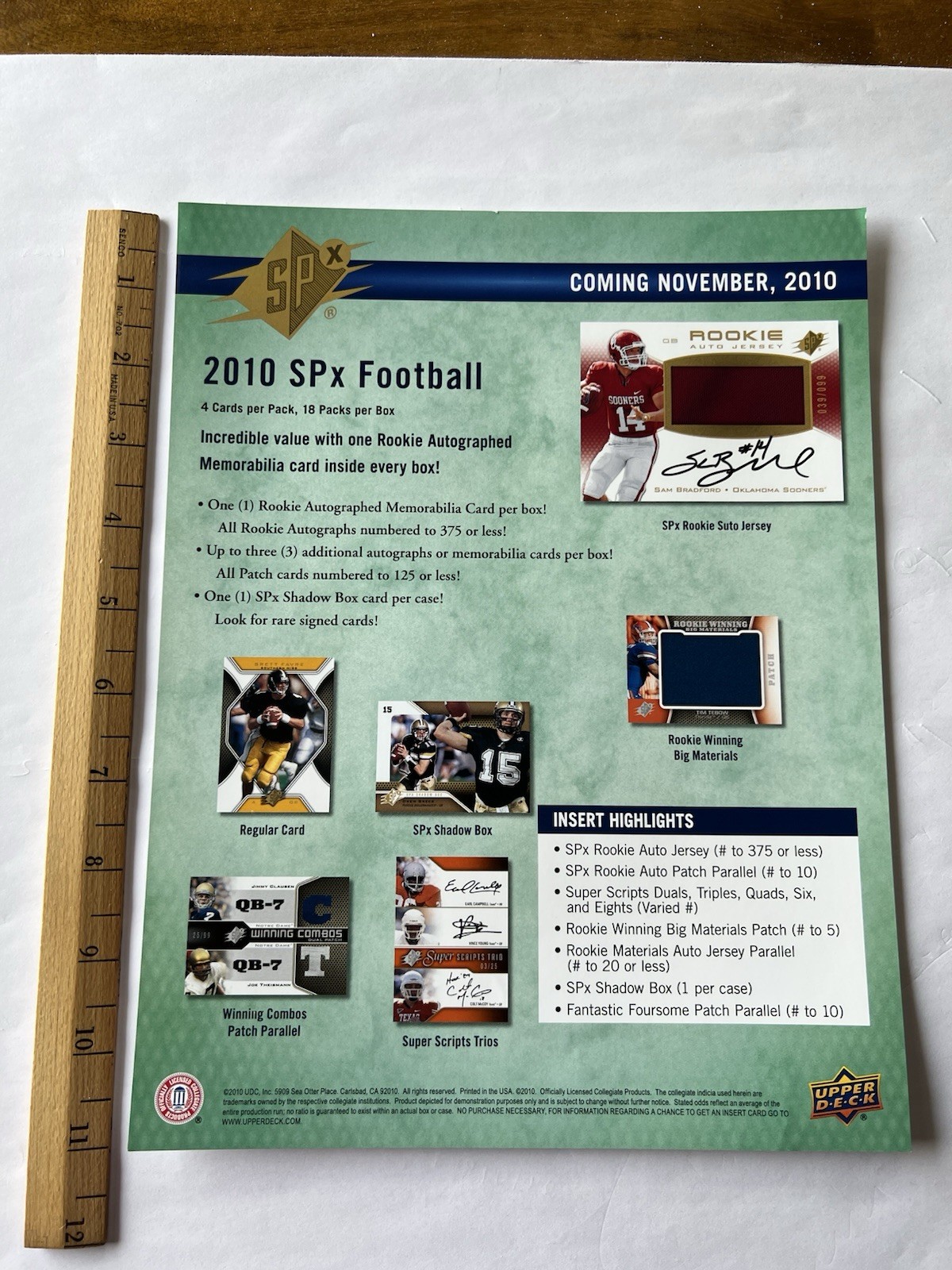 2010 UPPER DECK SPX FOOTBALL DEALER ADVERTISING SHEET SAM BRADFORD