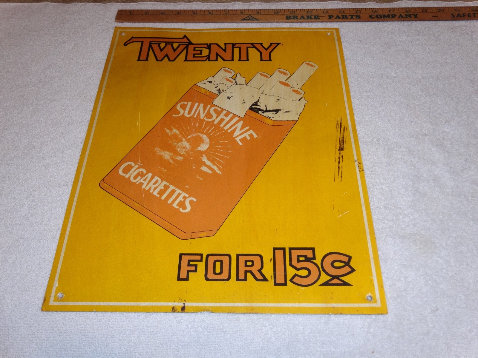 VINTAGE TWENTY SUNSHINE CIGARETTES FOR 15 CENTS 18″ X 13 3/4″ METAL TOBACCO SIGN