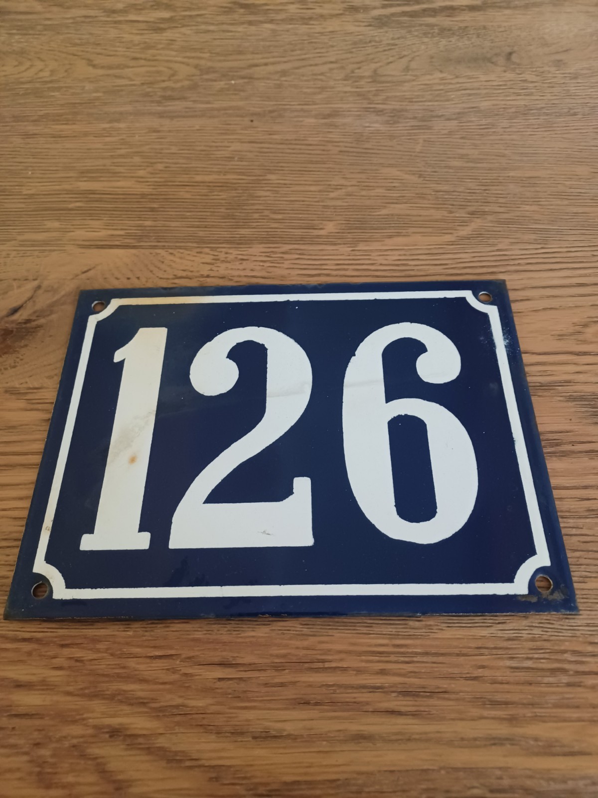 Large Antique Enameled Plaque Street Number 126 20X15cm Navy Blue Enamel