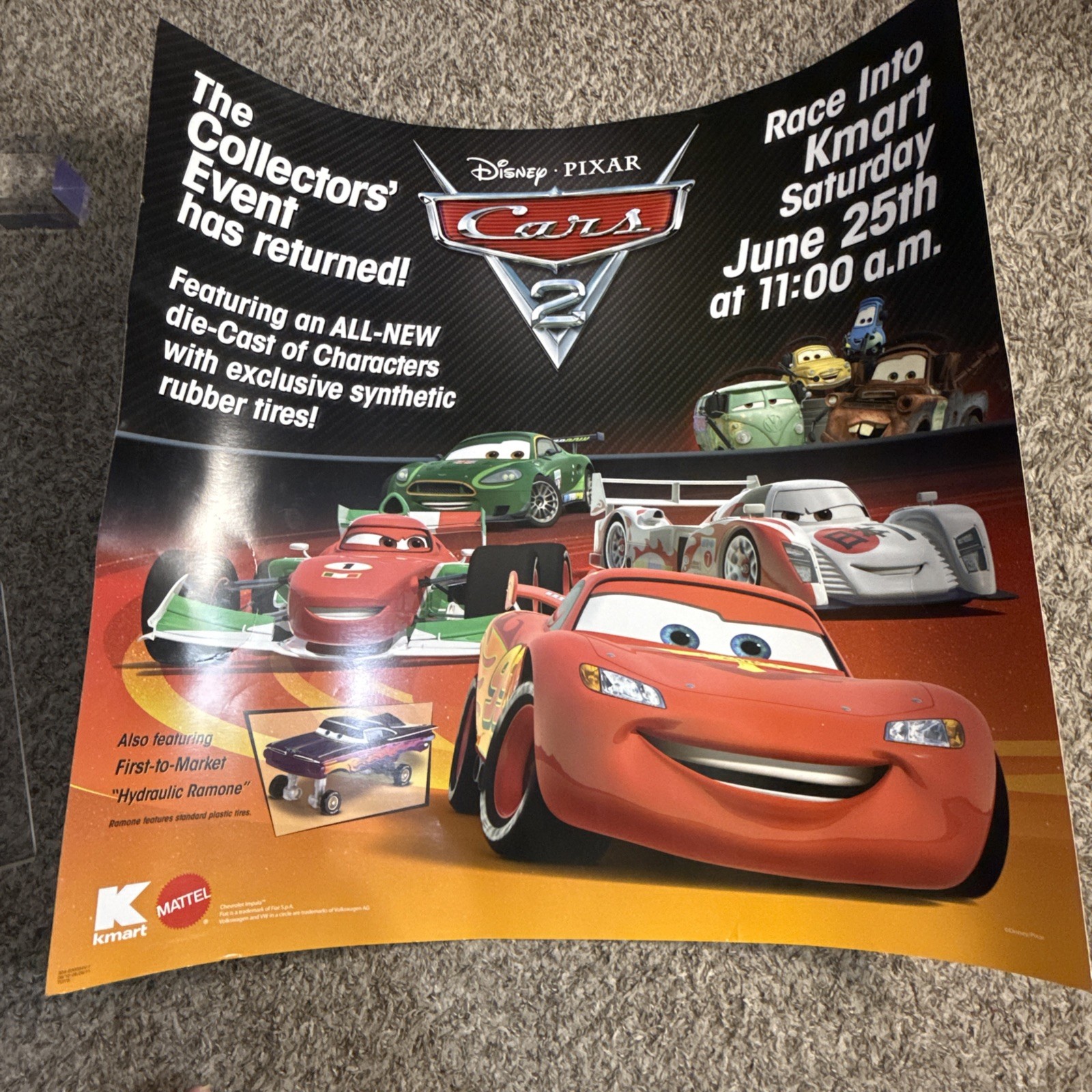 Disneys Cars 2 Diecast Toys Mattel Kmart Store Display Sign Poster 30×30” in