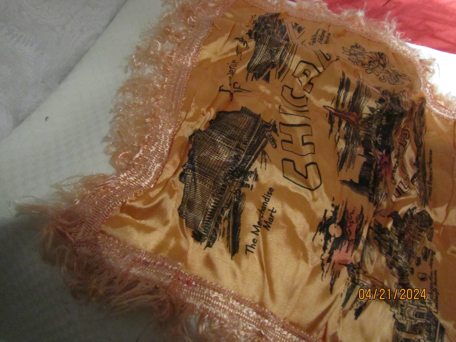 Vintage Sourviner of Chicago Landmarks Satin Pillow Cover w/F W Woolworth Tag