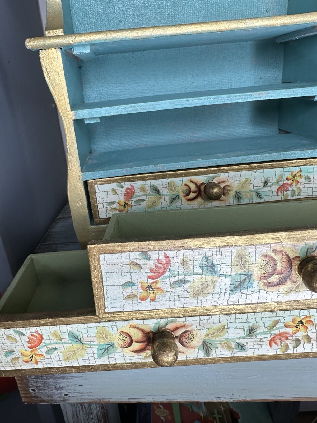 Salesman’s Sample Wood Hutch Buffet Doll Furniture Drawers Crackle Flowers 16”