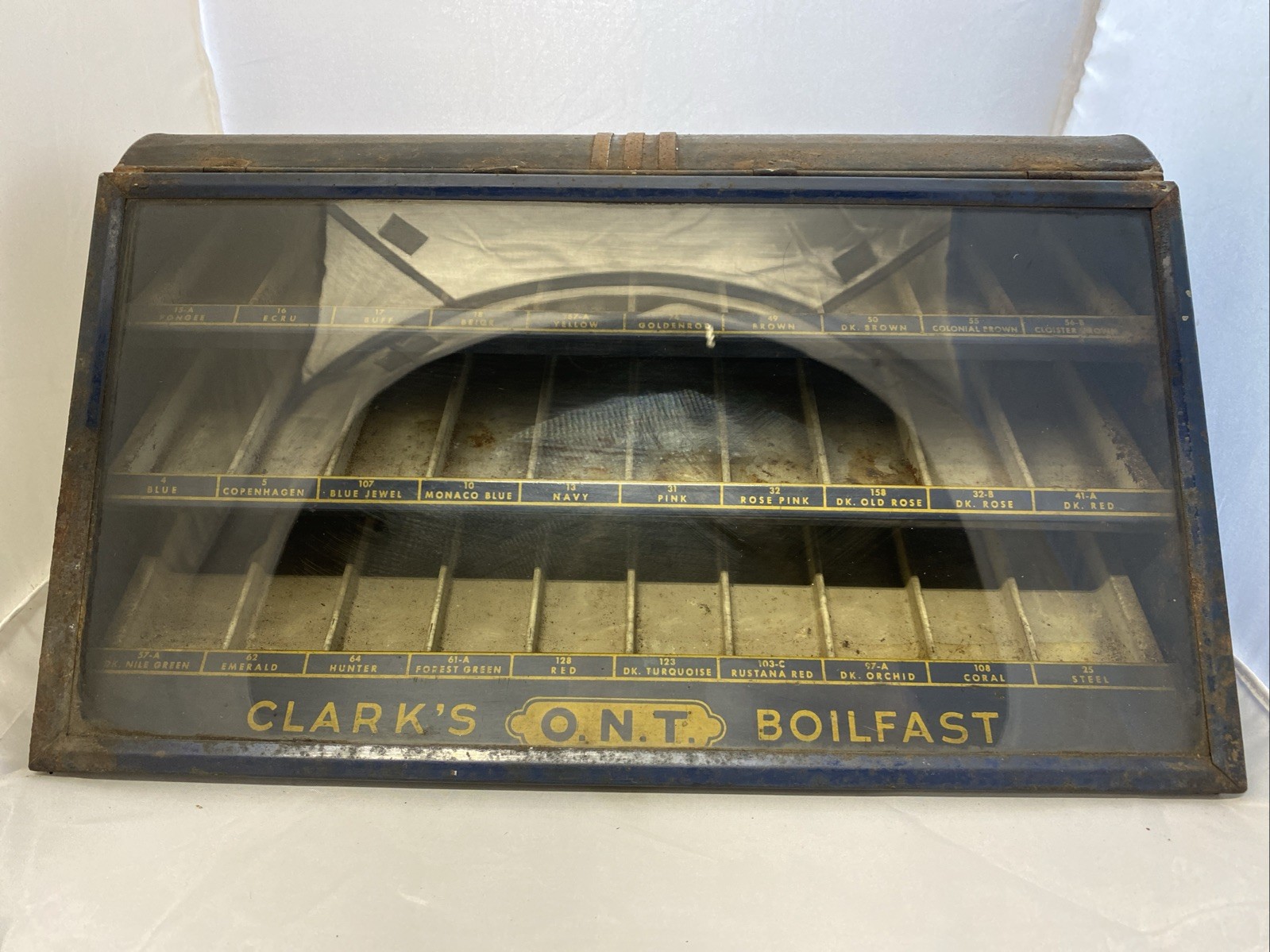 Vintage Clark’s O.N.T. Boilfast Thread Countertop Cabinet Lifting Glass Display