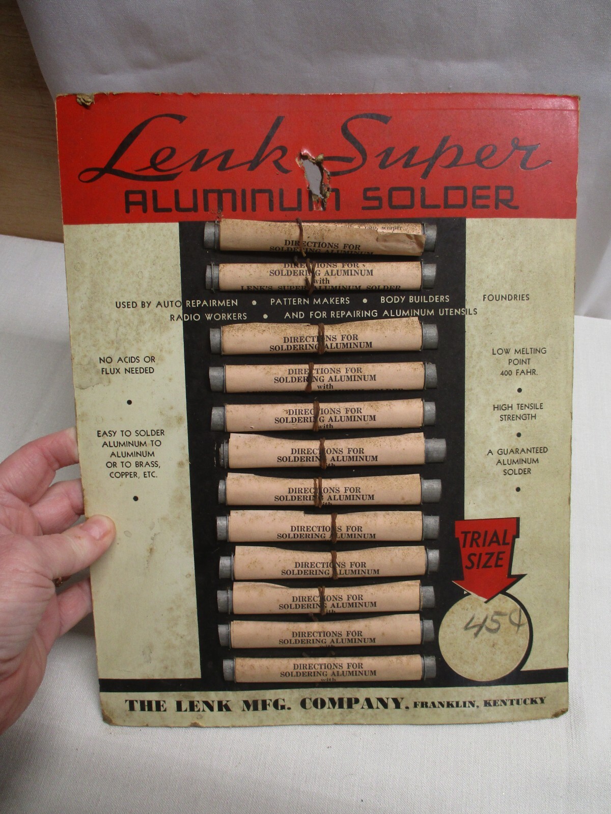 LENK SUPER ALUMINUM SOLDER ~ RARE STORE DISPLAY TRIAL SIZE ~ FRANKLIN KENTUCKY