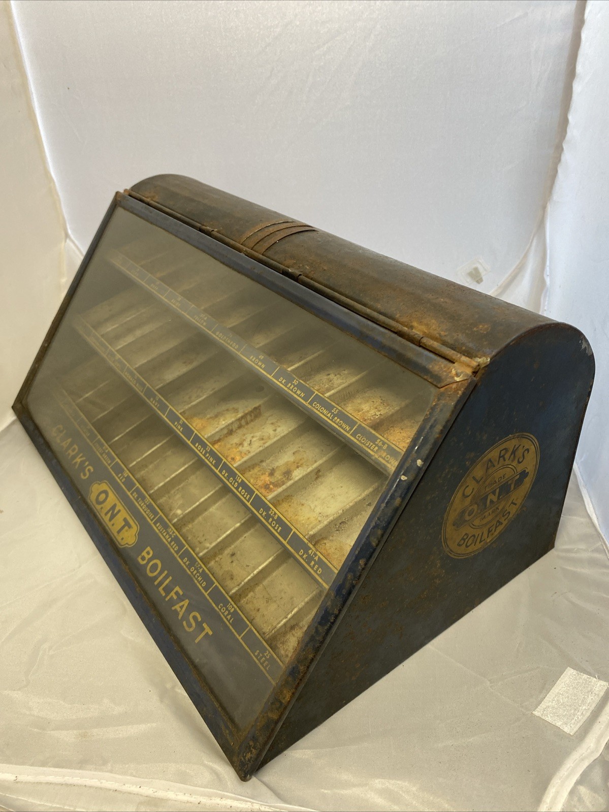 Vintage Clark’s O.N.T. Boilfast Thread Countertop Cabinet Lifting Glass Display