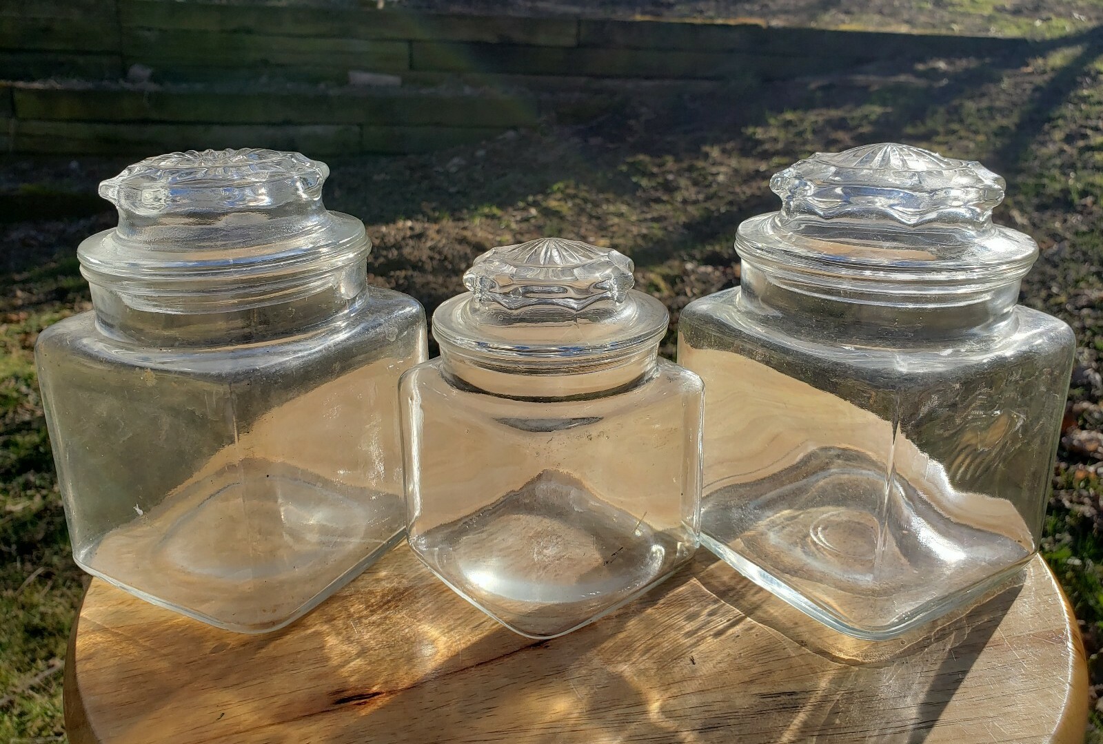 Vintage Glass Country Drug Store Counter Display Candy Jar Apothecary Jars Set 3