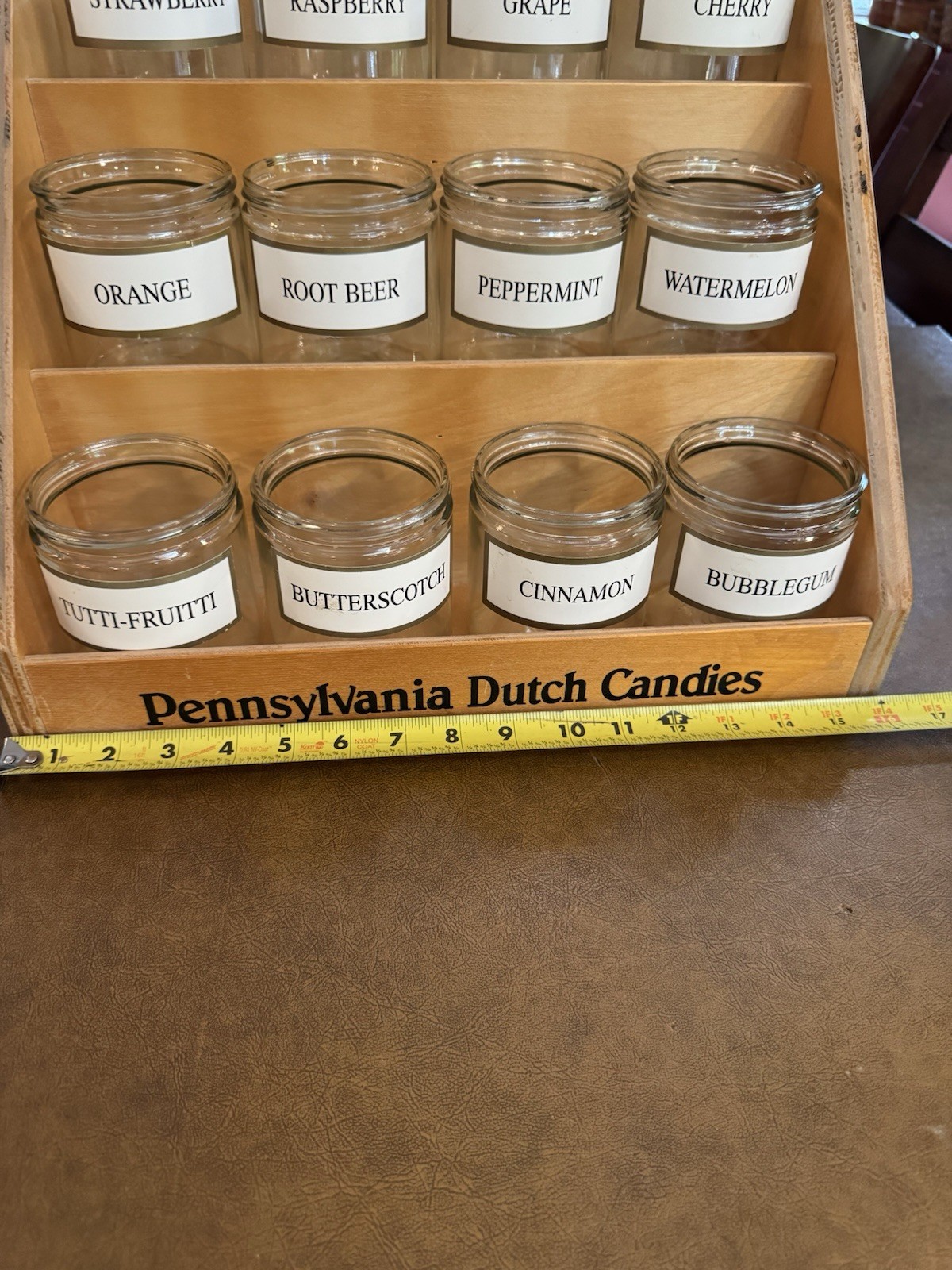 Vtg Pennsylvania Dutch Country Store Candy Counter 3 Shelf Wood & Jars Display