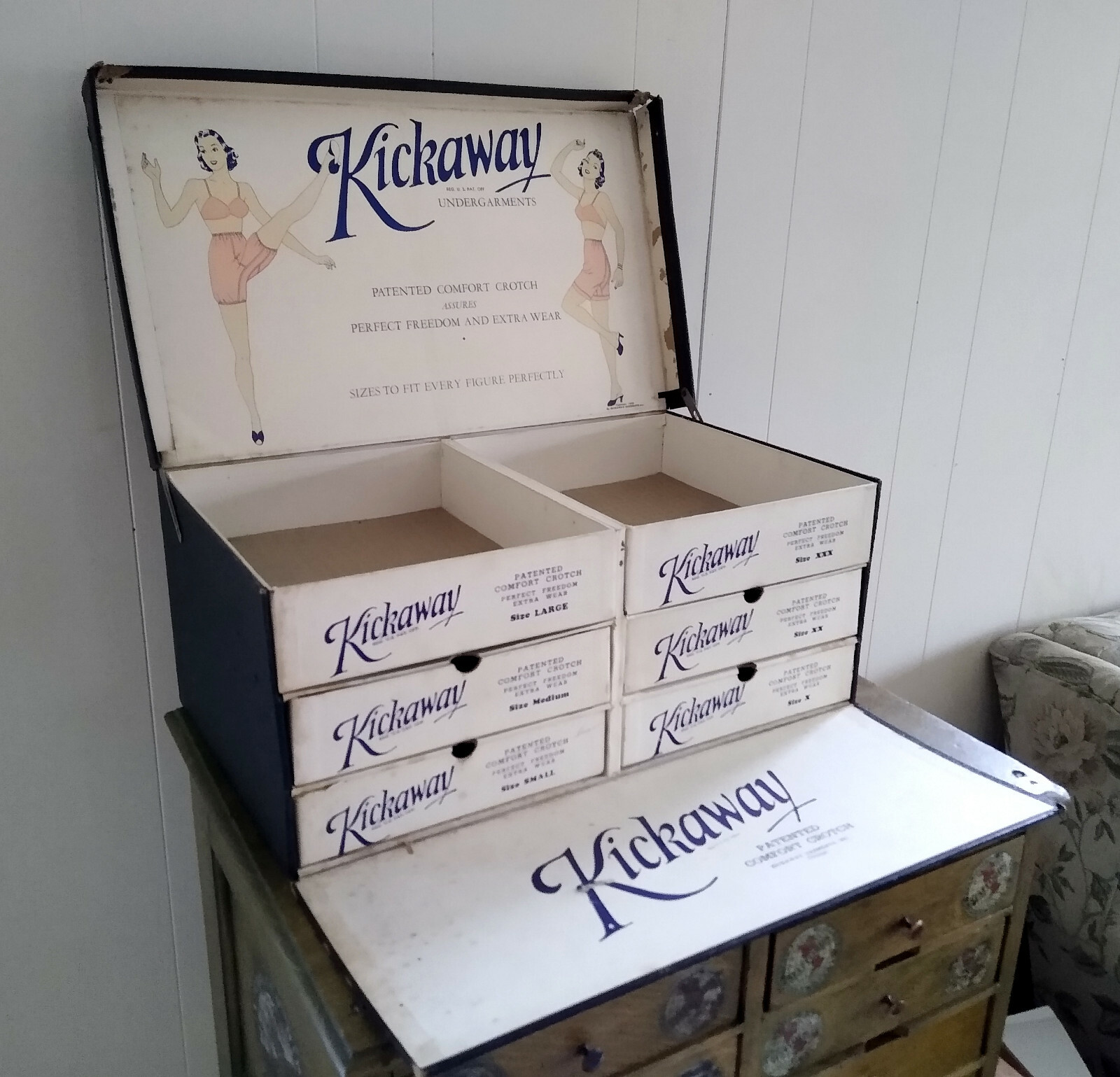 Vintage 1939 Kickaway Undergarments Store Salesman Display Cabinet w/ Drawers