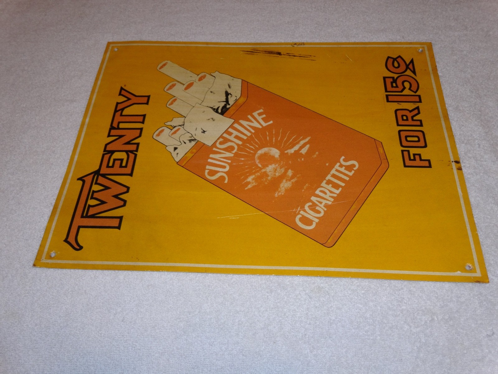 VINTAGE TWENTY SUNSHINE CIGARETTES FOR 15 CENTS 18″ X 13 3/4″ METAL TOBACCO SIGN