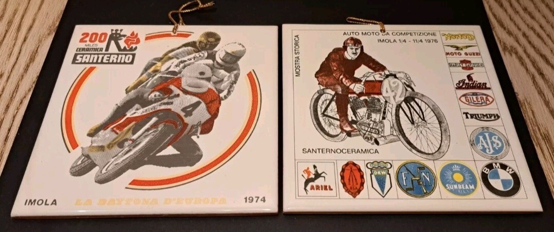 PAIR DECORATIVE CERAMIC TILES-IMOLA 70s-motorcycle motorcycling brand-old