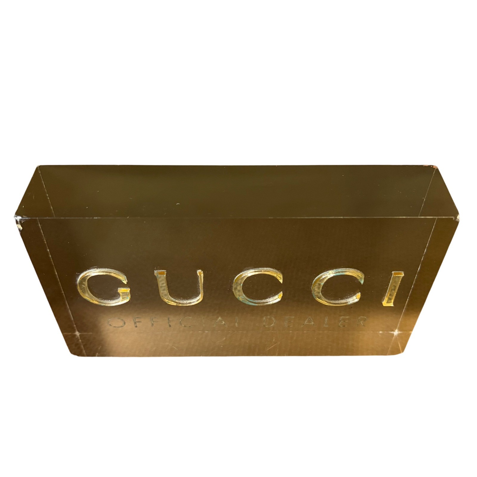 Gucci Official Dealer Lucite Logo Sign Gold Acrylic Display Block Boutique Decor