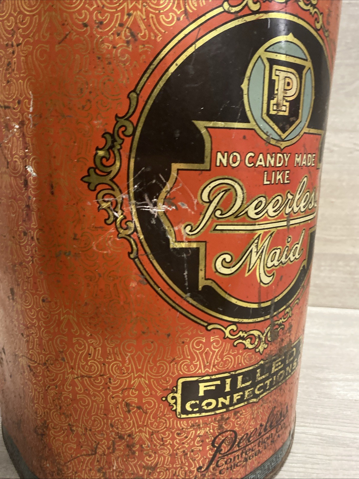 ANTIQUE EARLY 1900’S LARGE PEERLESS MAID COUNTRY STORE CANDY TIN DISPLAY 14”