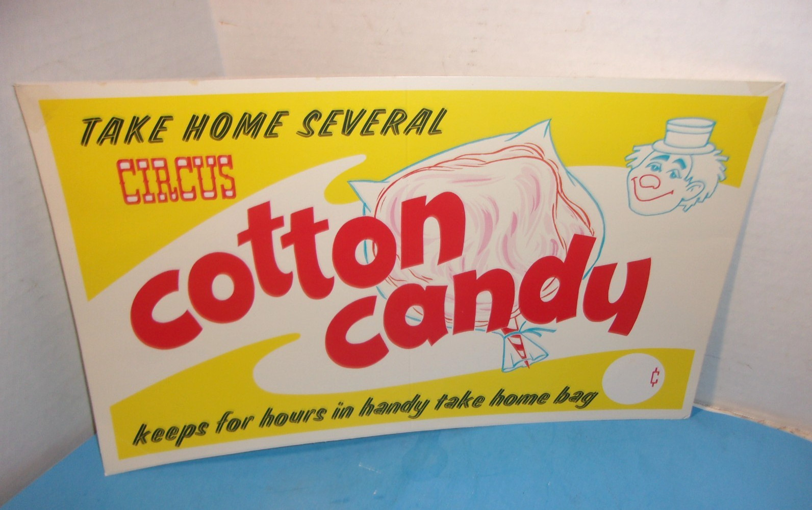 Vintage CIRCUS COTTON CANDY Cardboard 15″ vendor advertising SIGN w/ CLOWN