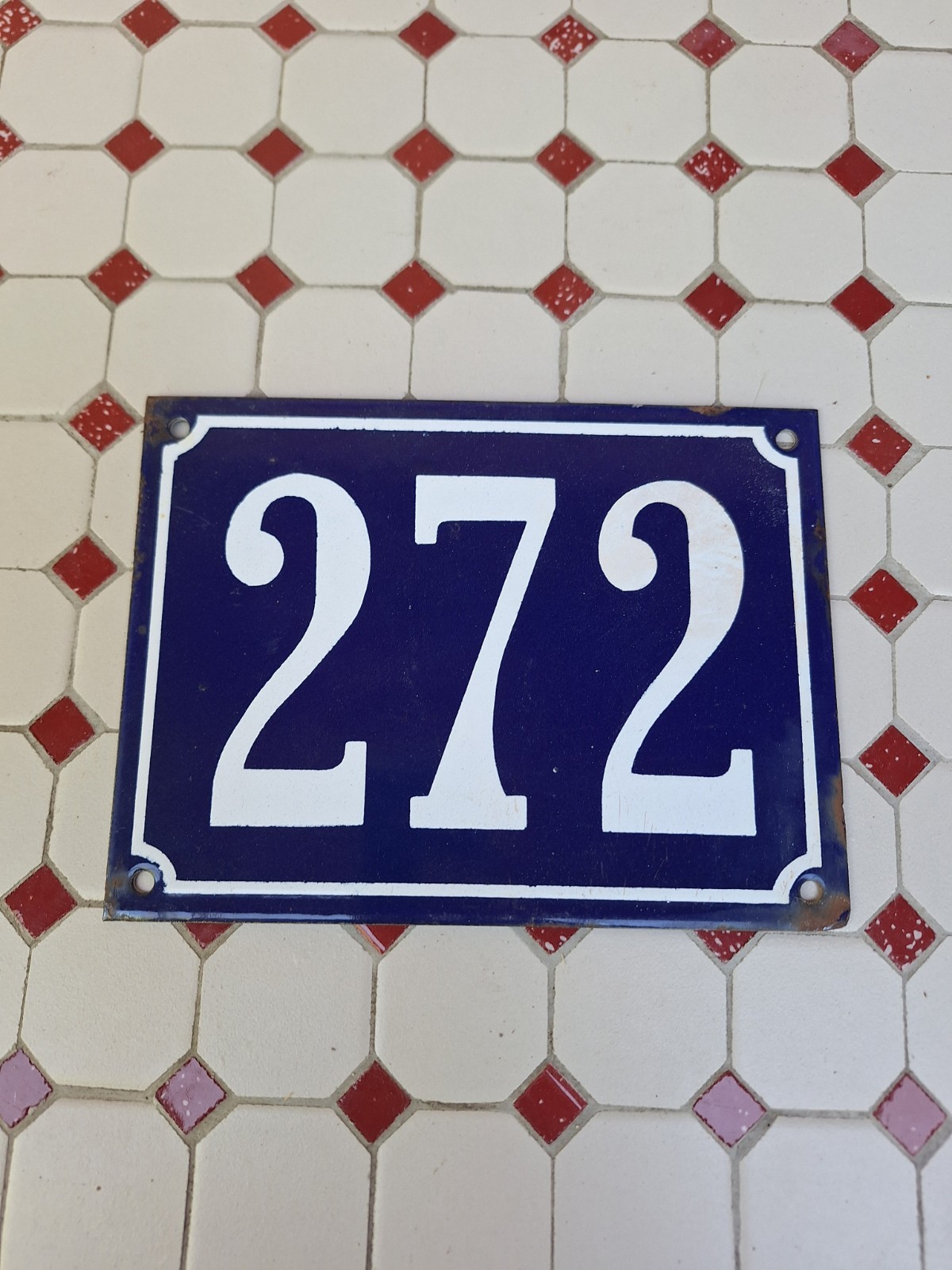 Large Antique Enameled Plaque Street Number 272 20X15cm Navy Blue Enamel