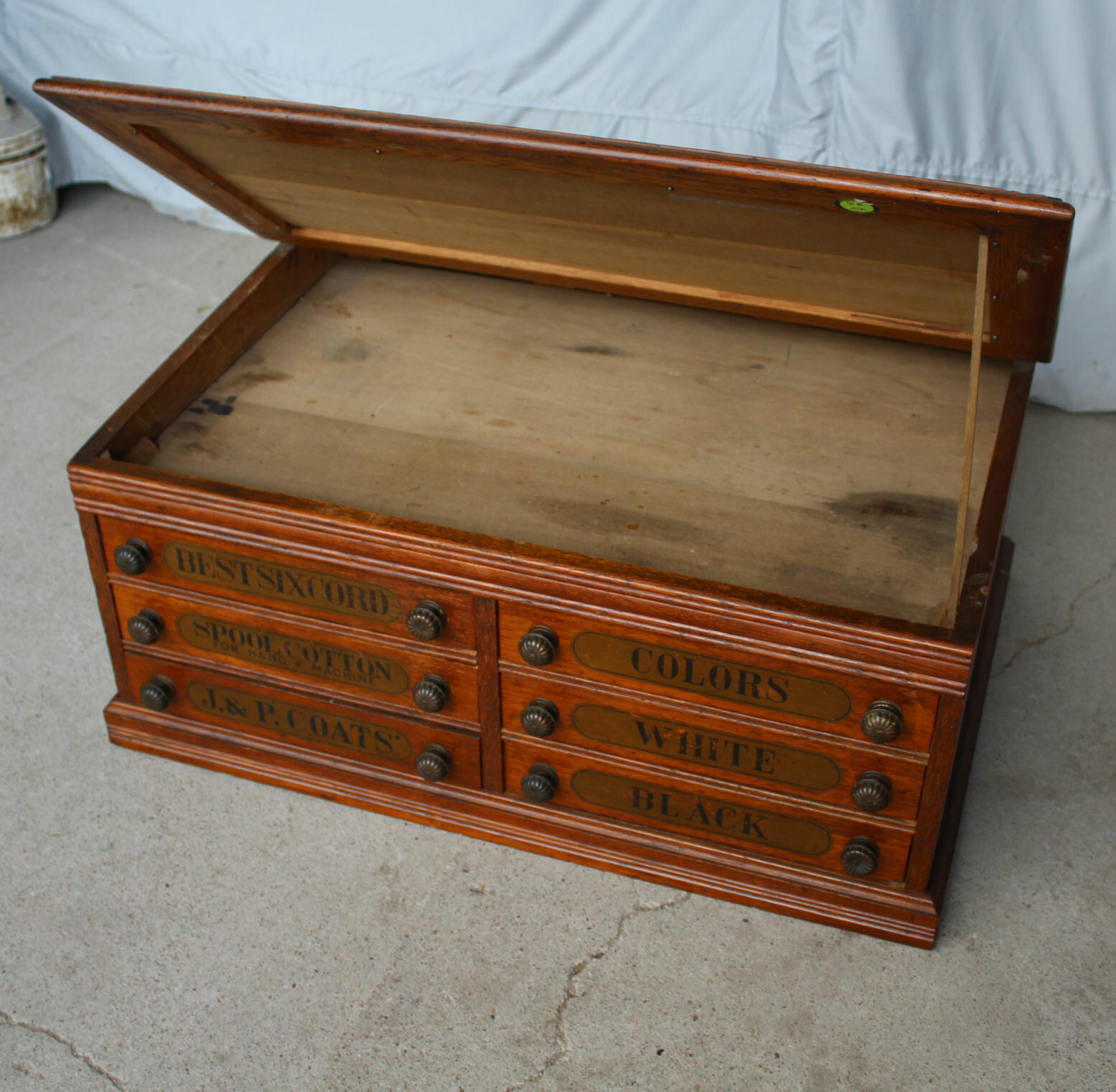 Antique J & P Oak Best Six Cord Oak Spool Cabinet – slanted lid