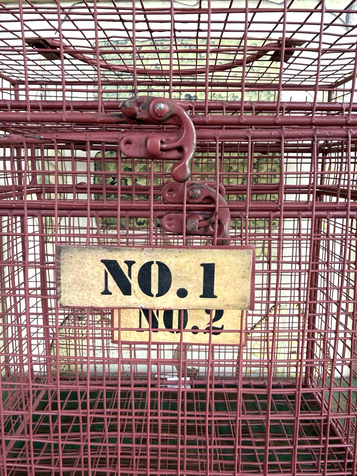 Vintage Pink Metal Wire Cage Crate Industrial Storage Display Box w Number Tags