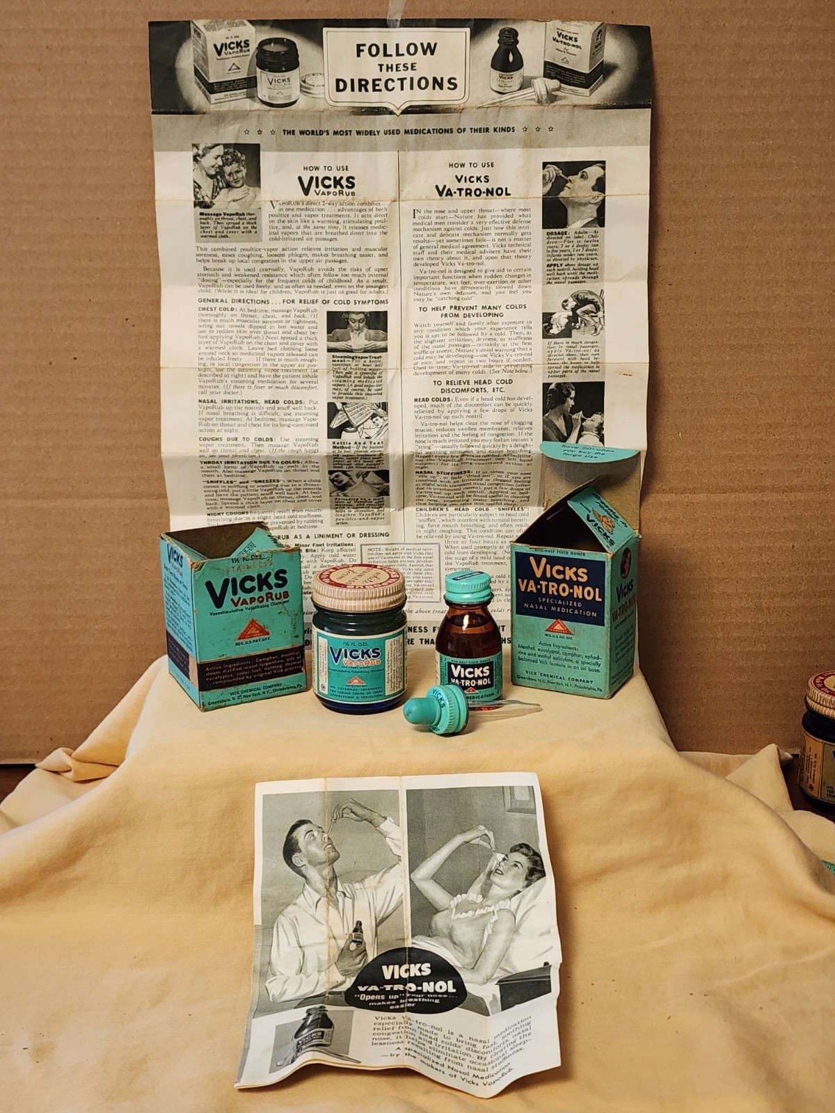 Vintage VICKS VapoRub and VICKS VA-TRO-NOL nose drops full sealed bottles w/ box