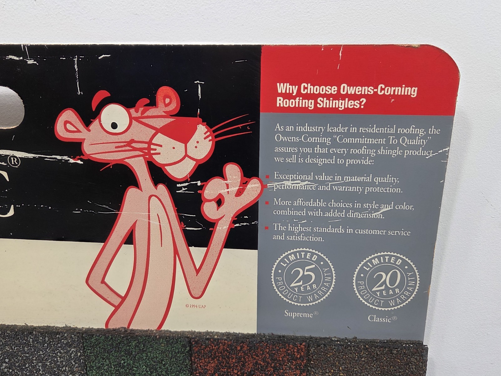 Vintage Salesman Sample Shingles Roofing Display Pink Panther Owens Corning Sign