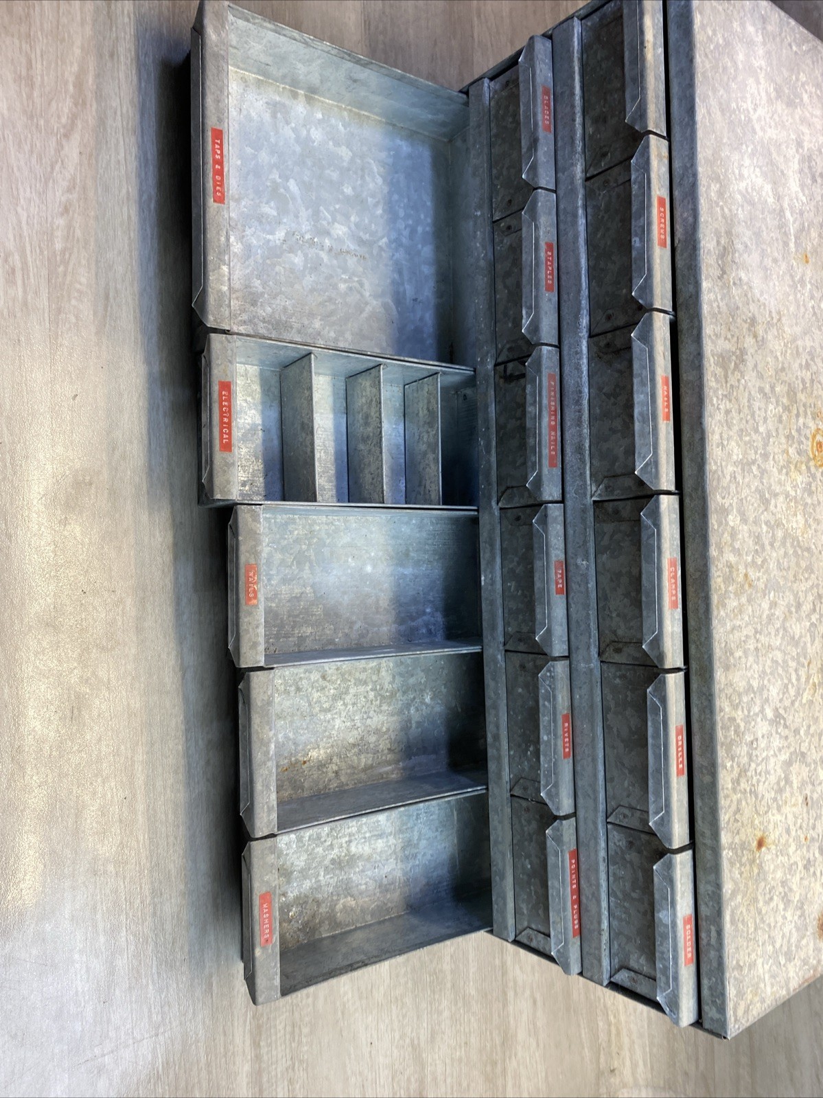 VTG General Store Galvanized Tin Metal PARTS CABINET 17 DRAWER Industrial PATINA