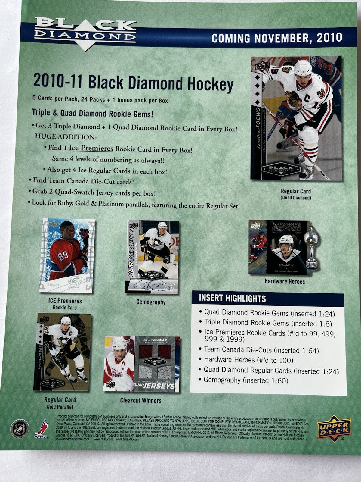 2010-11 UPPER DECK BLACK DIAMOND HOCKEY DEALER ADVERTISING SHEET JONATHAN TOEWS