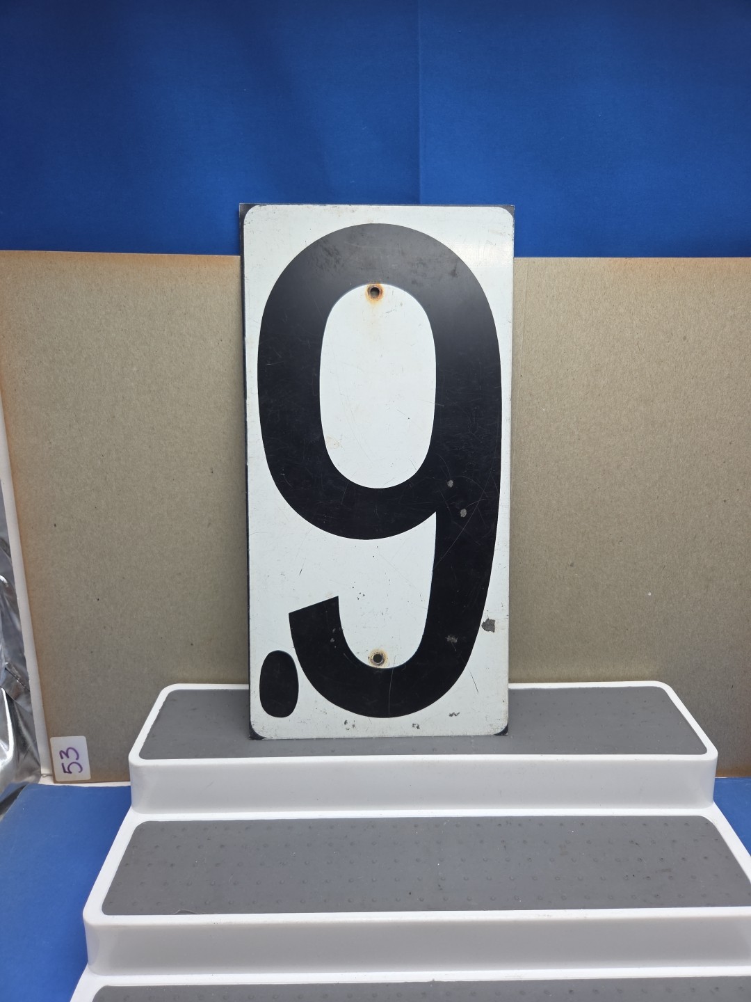 Vintage Metal Double Sided 9 or 6 Hanging Sign Church Gas Station Auto.