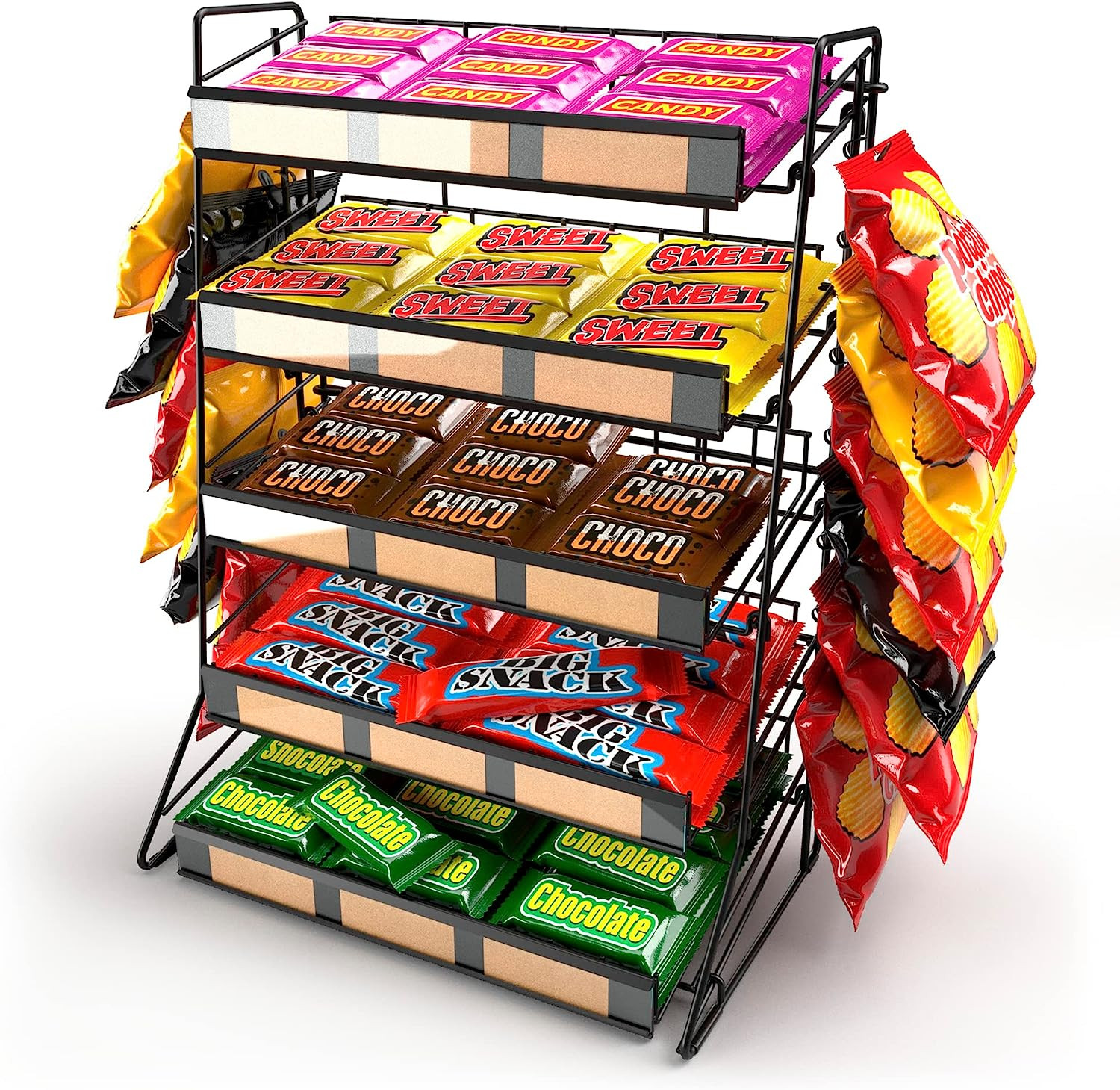 5 Tier Candy Display Rack Large Snack Organizer for Countertop with 12 Clips