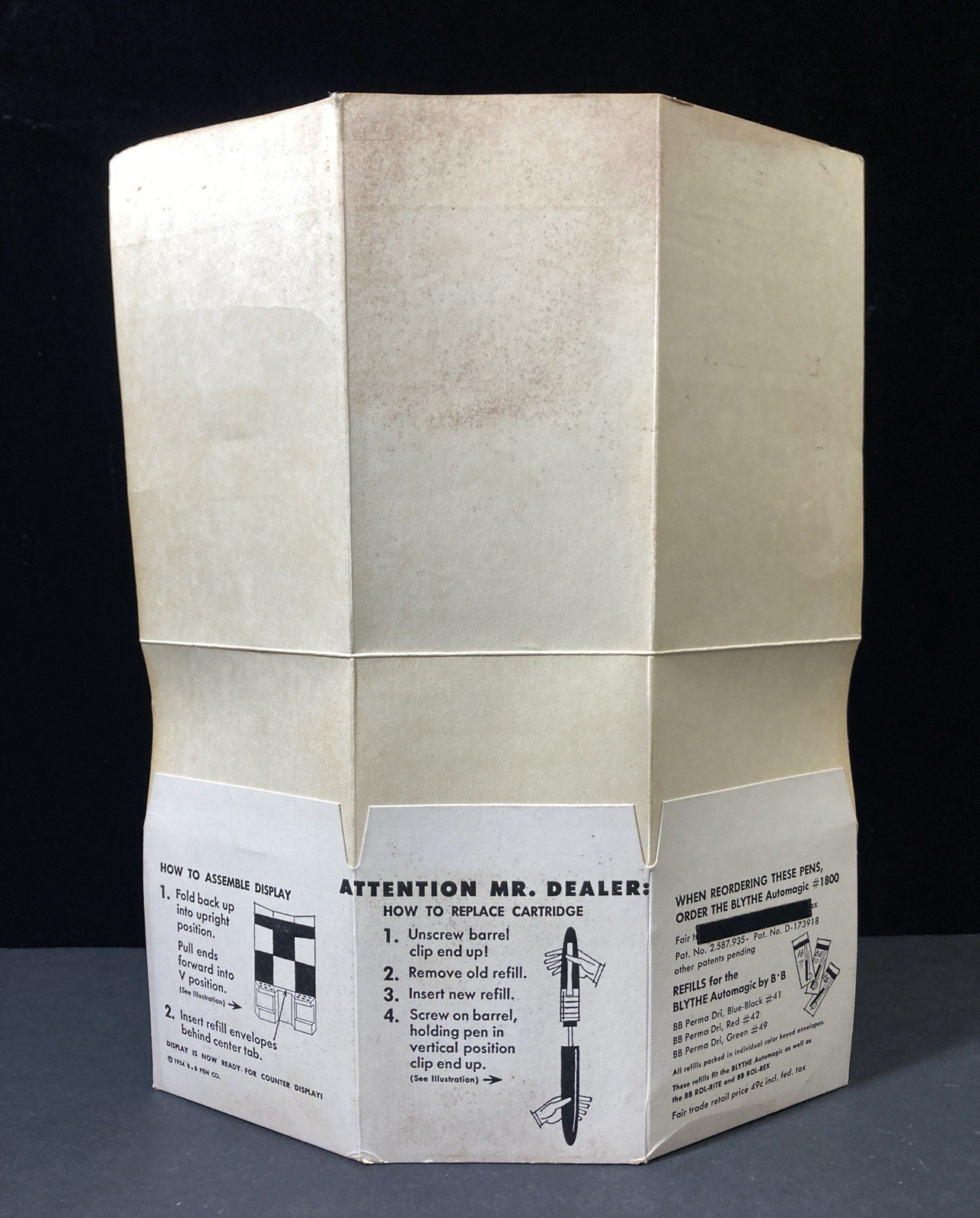 Vtg MCM 1954 BB “The Blythe AUTOMAGIC Pen” Trifold Store Display w 12 PENS (dry)