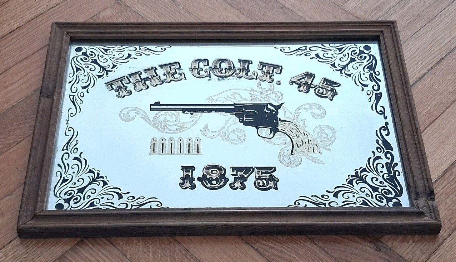 ADVERTISING MIRROR PAINTING-GUN/GUN 1875 THE COLT. 45-YEARS 70′-VINTAGE
