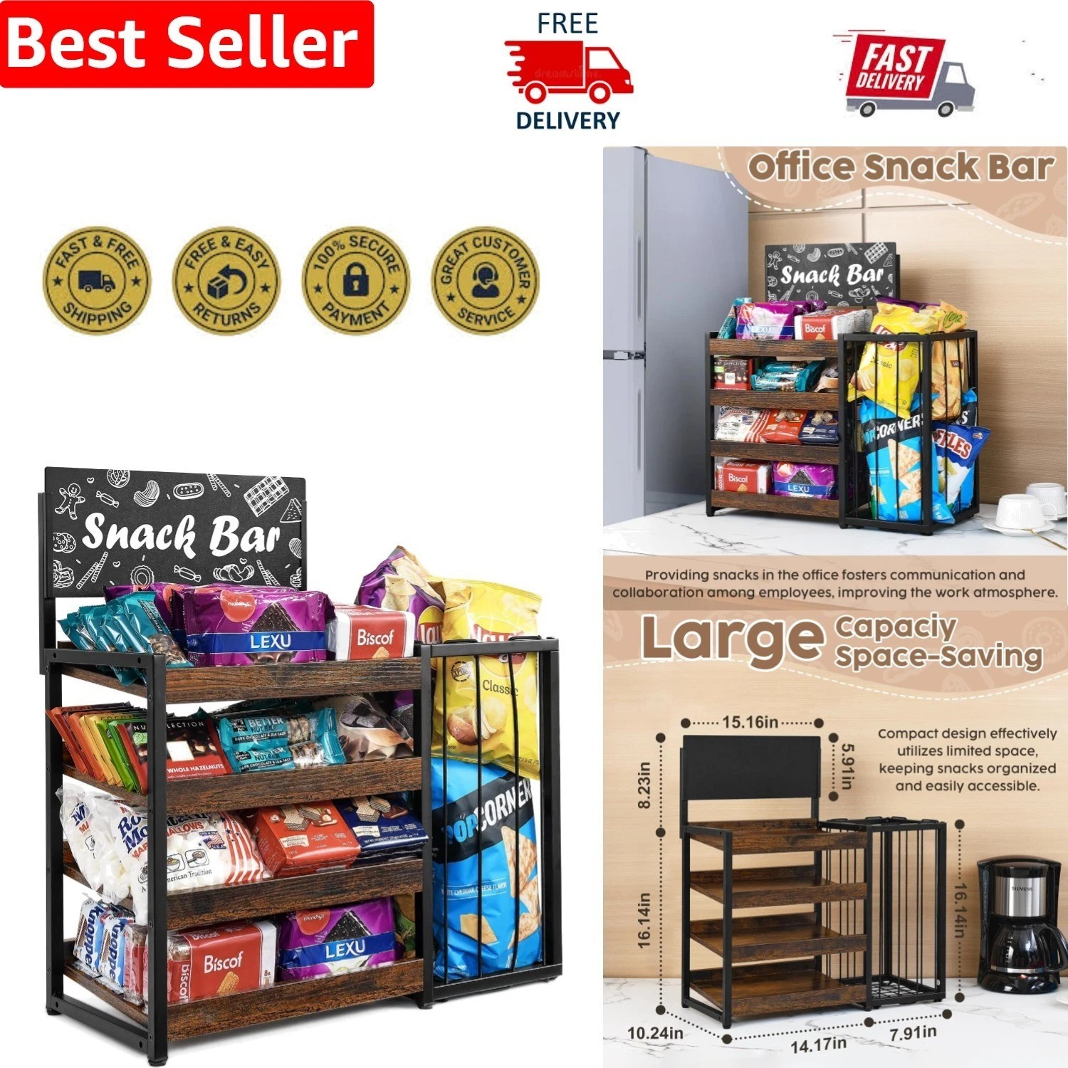 Rustic Wood & Metal Snack Organizer 4-Tier Display for Kitchen & Retail Spaces