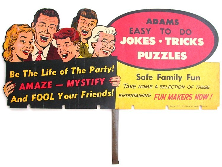 Vintage 1957 S.S. Adams Jokes & Novelties Display Sign – Cardboard Rack Topper