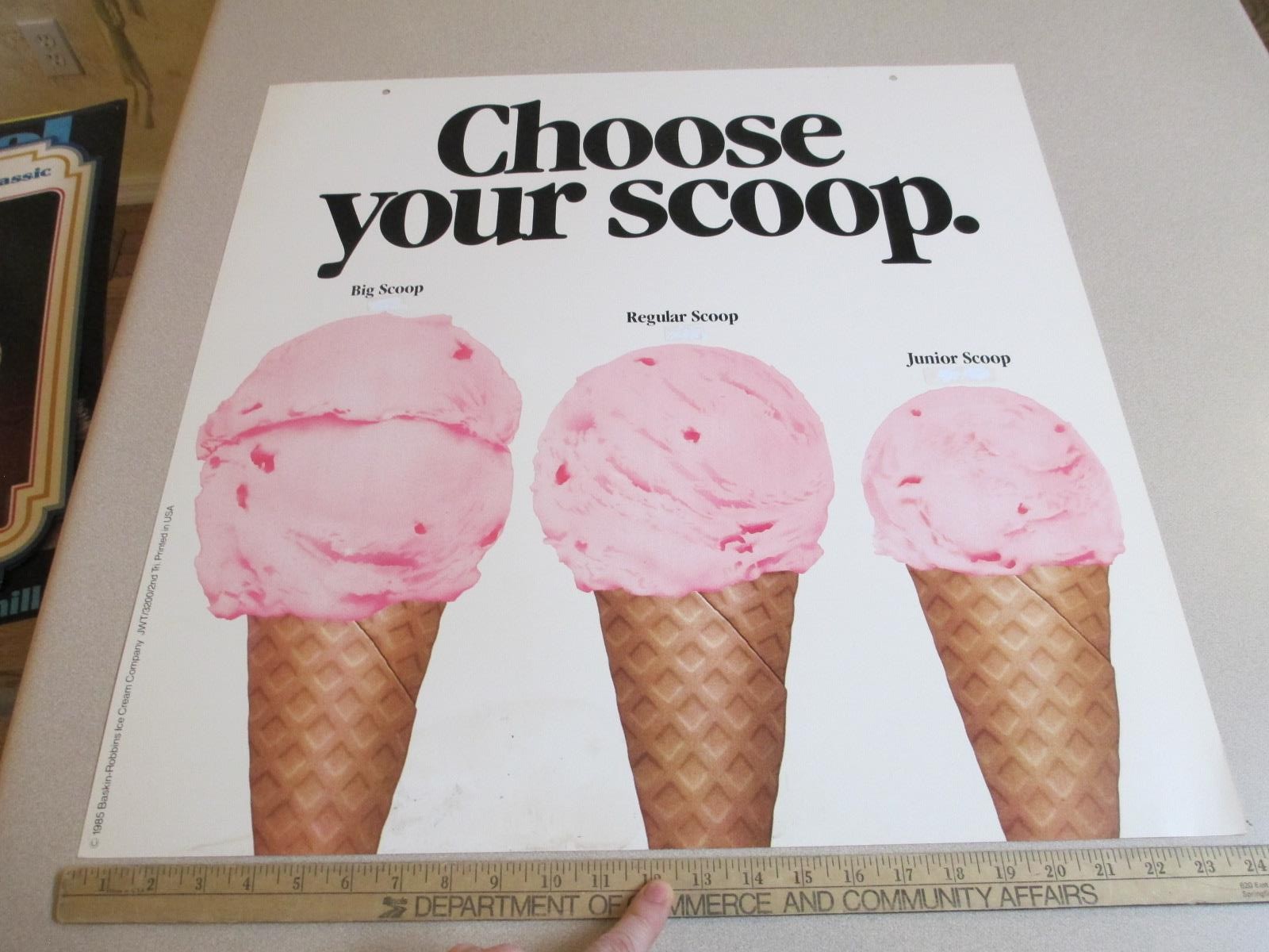 Baskin Robbins ice cream 1985 CHOOSE YOUR SCOOP cone store display sign 2S-2X