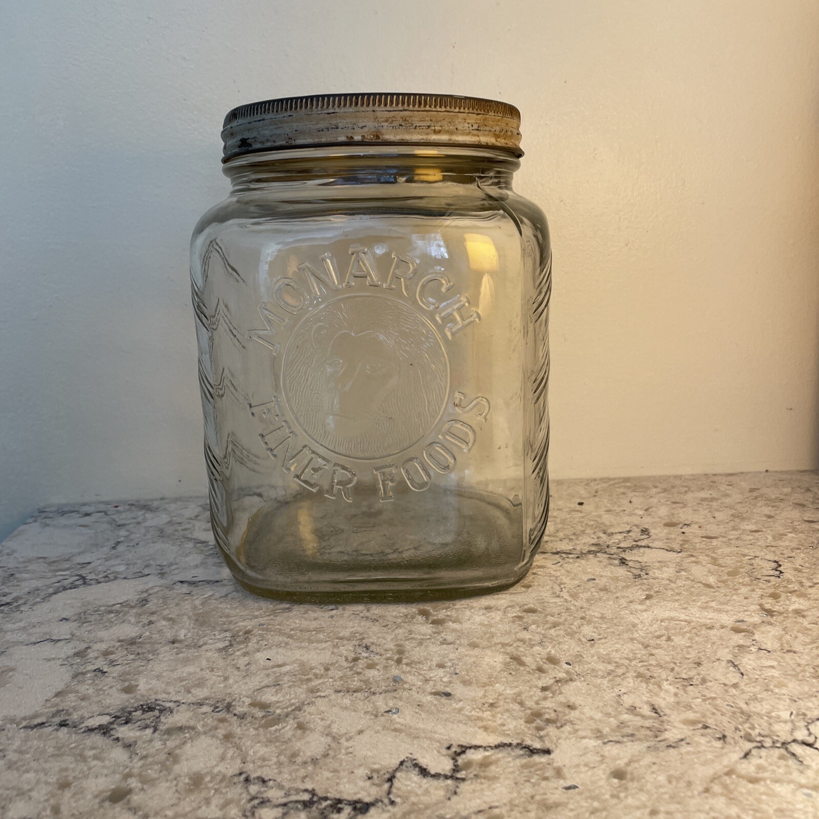 Large Vintage Monarch Finer Foods Jar Kitchen Canister Embossed Lion Head