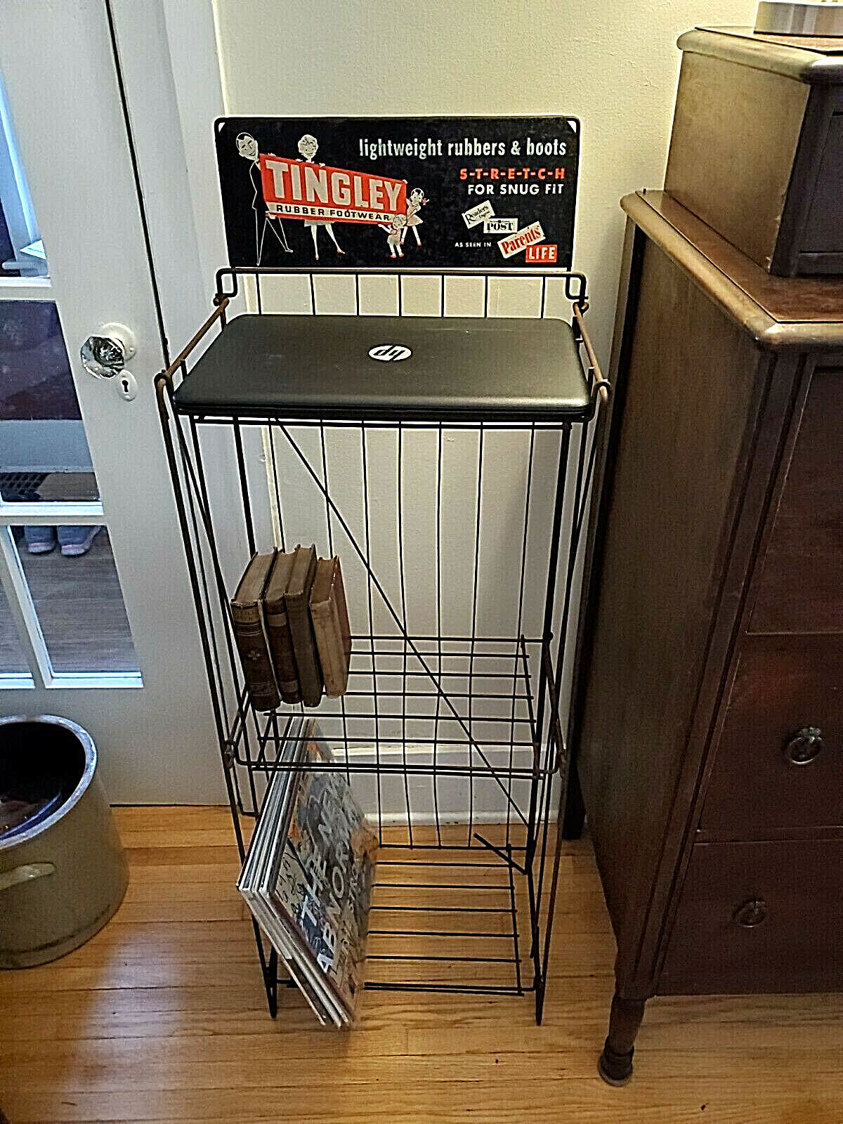 Vintage 3 Shelf Folding News Shop Advertising Stand TINGLEY RUBBER FOOTWEAR