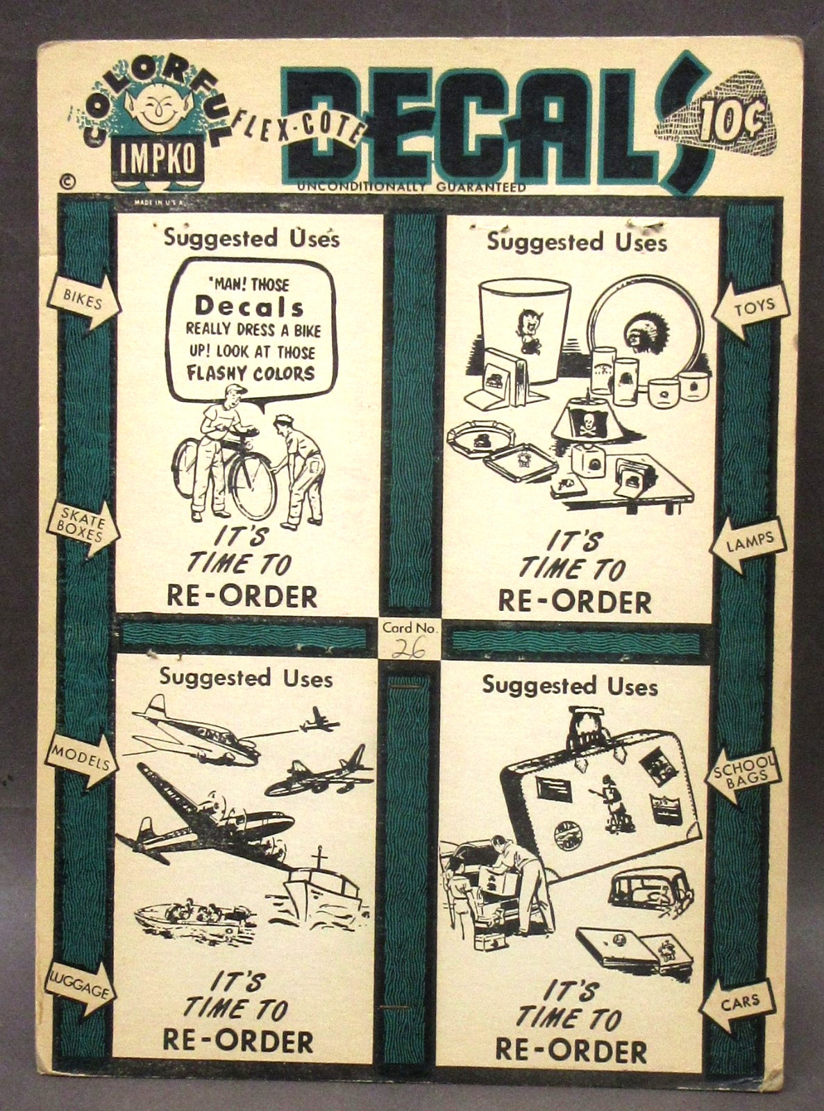 original 1950’s STORE DISPLAY COUNTER SIGN Impko Decals 12.5″ tall easel back