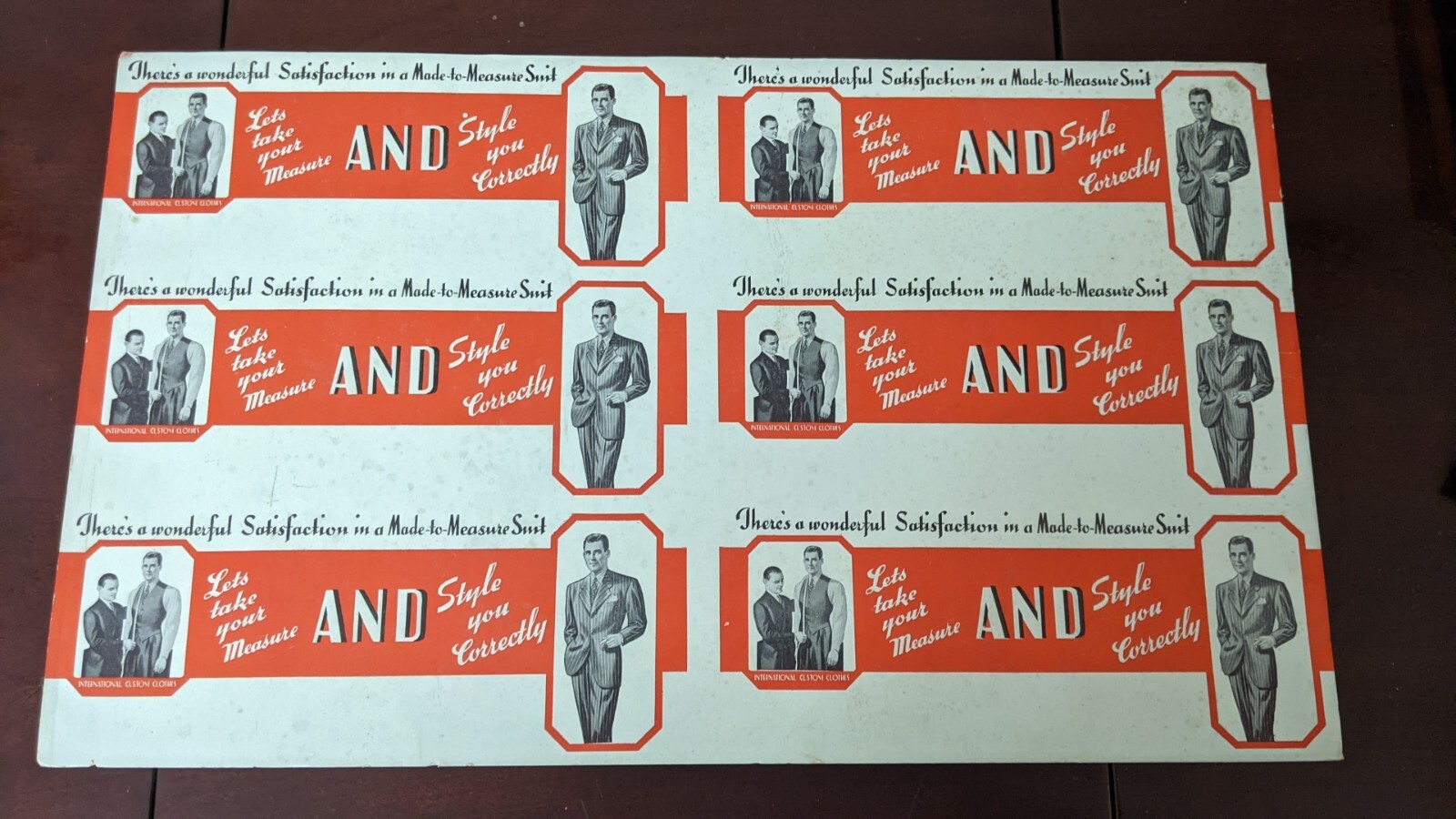 Vintage Suits Advertising Sign International Custom Clothes Cardboard 18″ long