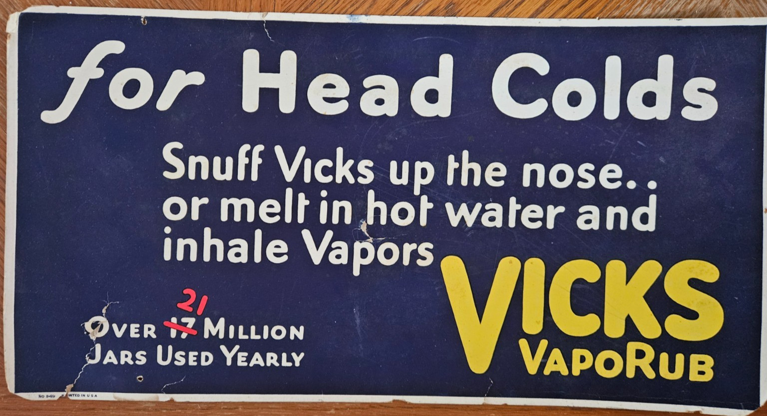 Vicks VapoRub Poster Advertisement Display For Head Colds used by millions 21×11