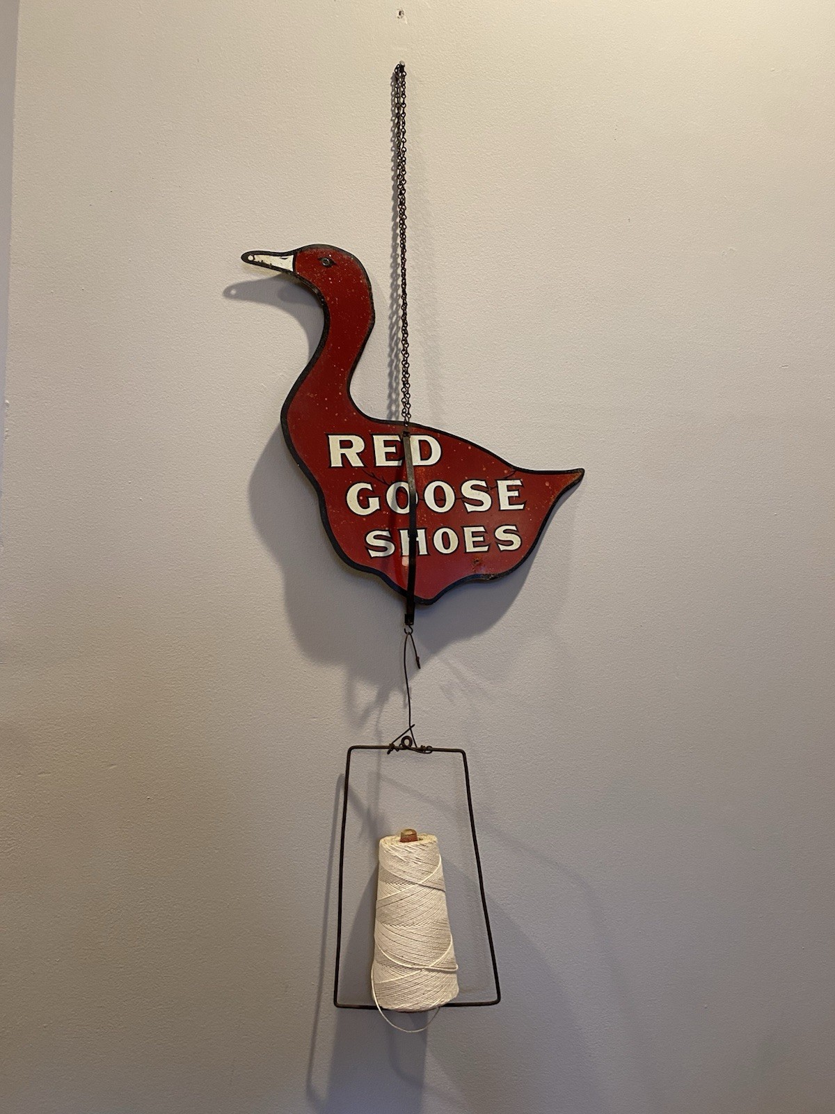 Old RED GOOSE SHOES String Dispenser Hanging Sign Display Vintage Advertising