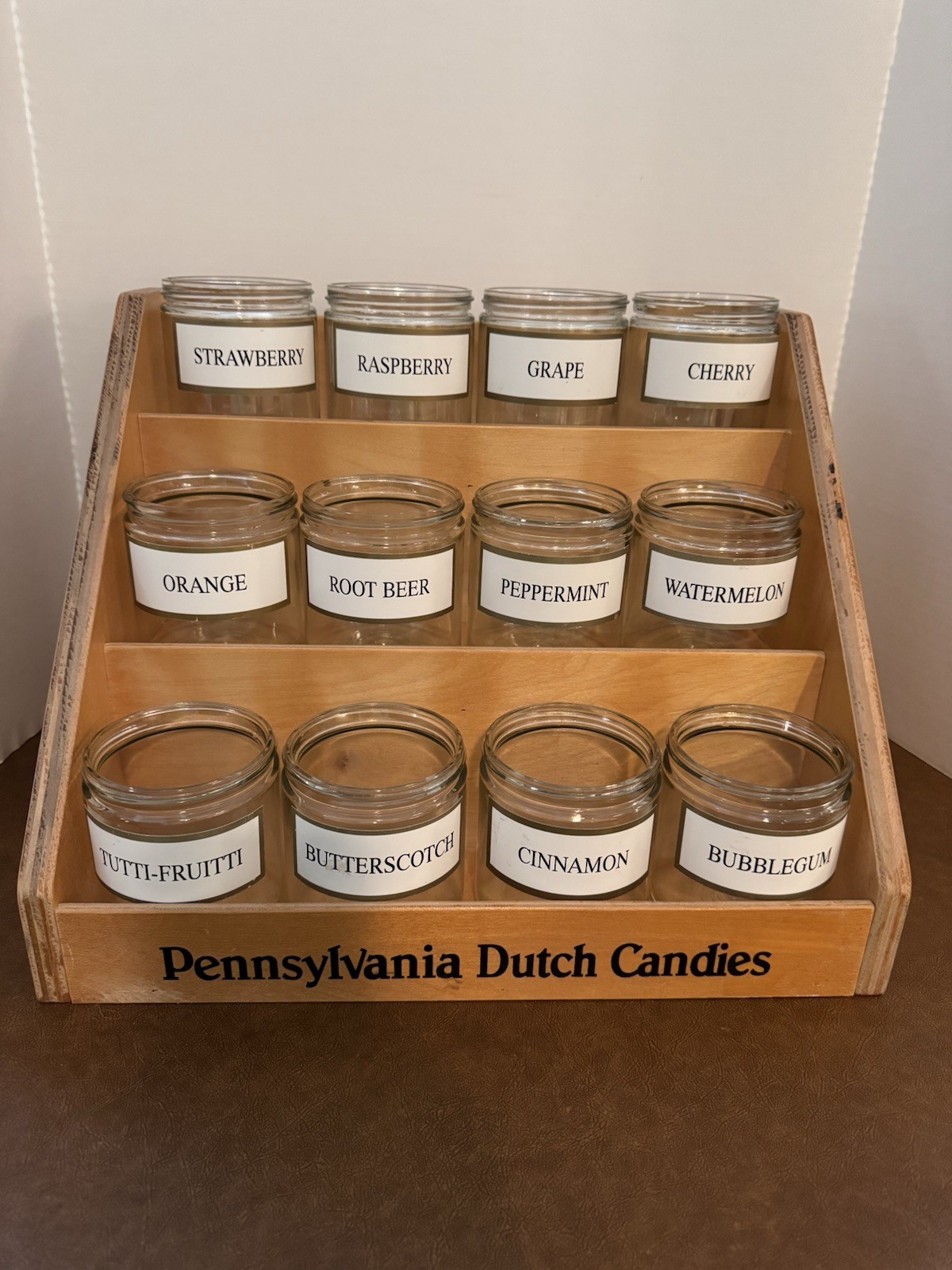 Vtg Pennsylvania Dutch Country Store Candy Counter 3 Shelf Wood & Jars Display