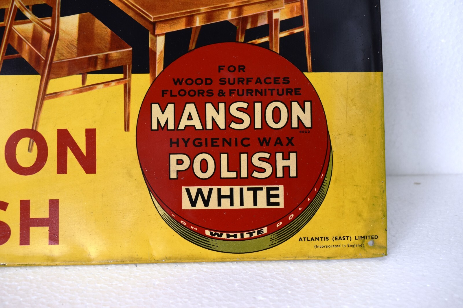 Vintage Mansion Polish Advertising Tin Sign Hygienic Wax For Wood Surfaces Rare