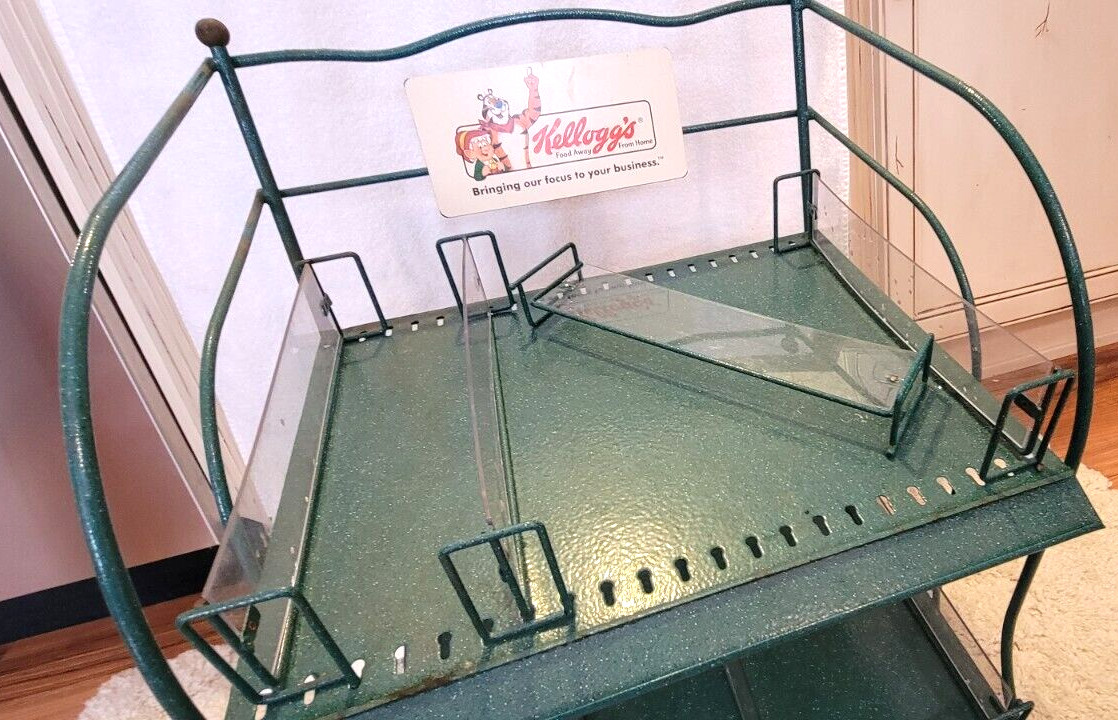 VTG ORG Kellogg’s Cereal Store Display Rack Green Metal Countertop Stand Retro