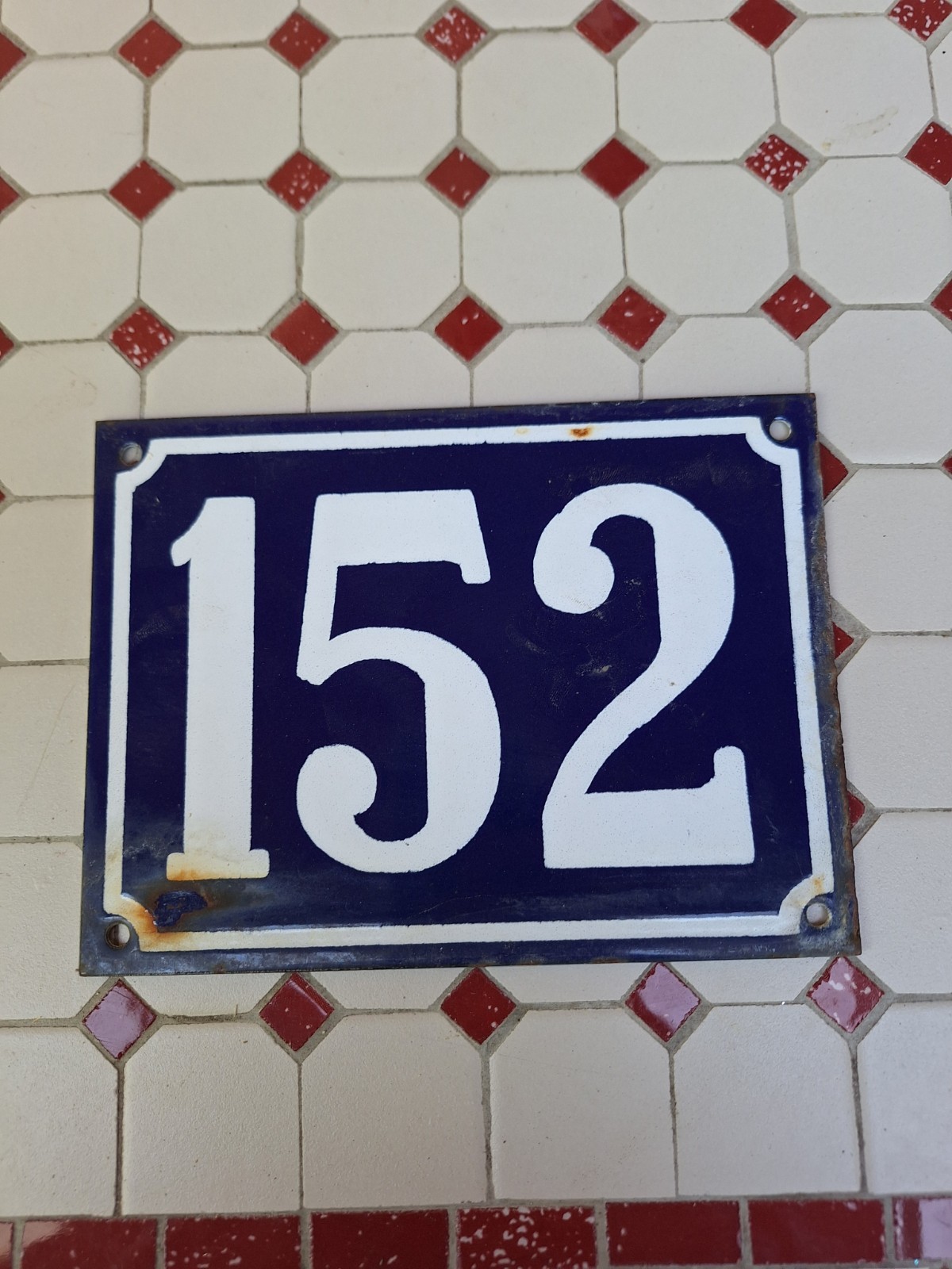 Large Antique Enameled Plaque Street Number 152 20X15cm Navy Blue Enamel