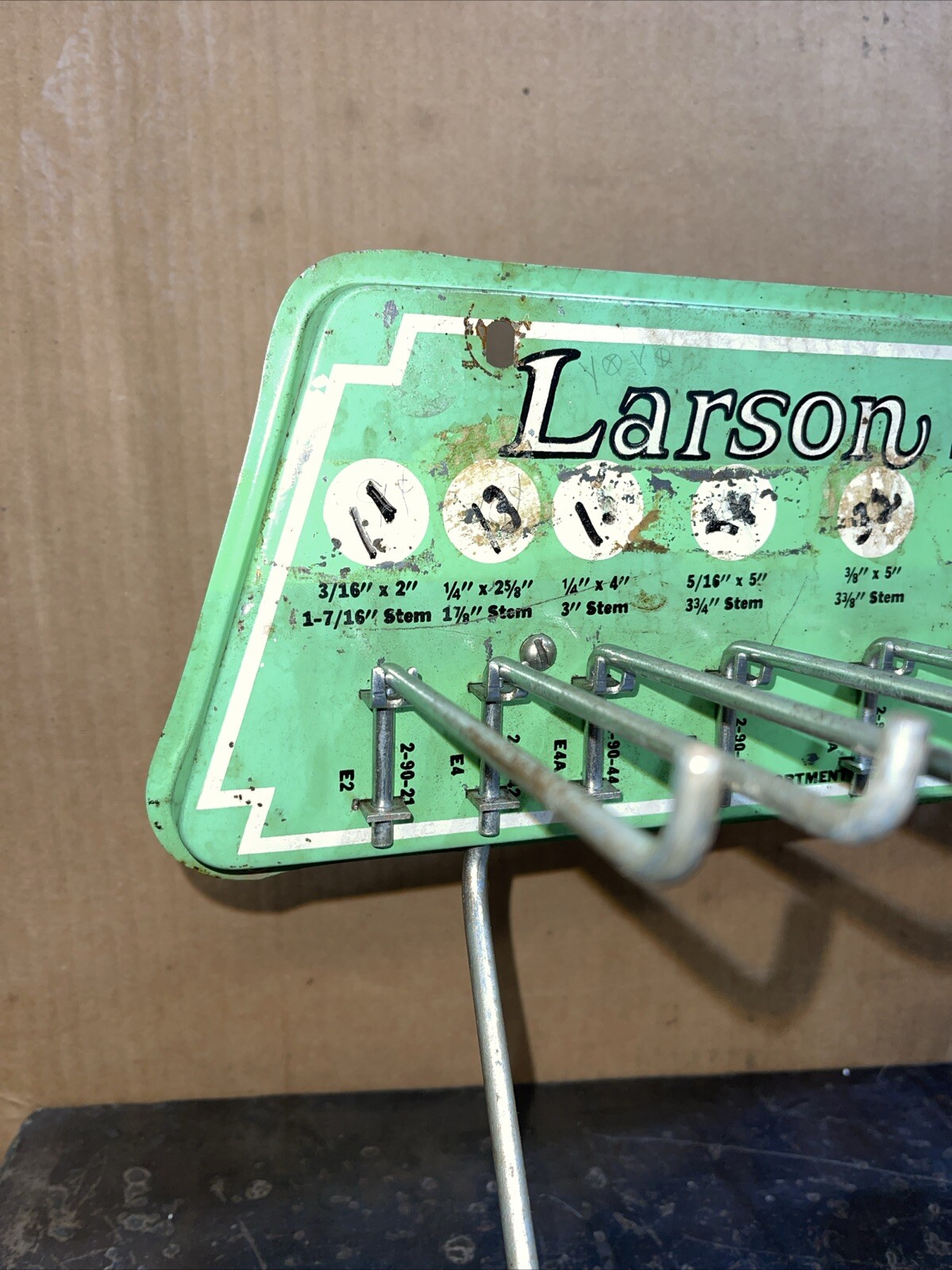 Antique Vintage Larson Eyebolts Hardware Display Rack Tin