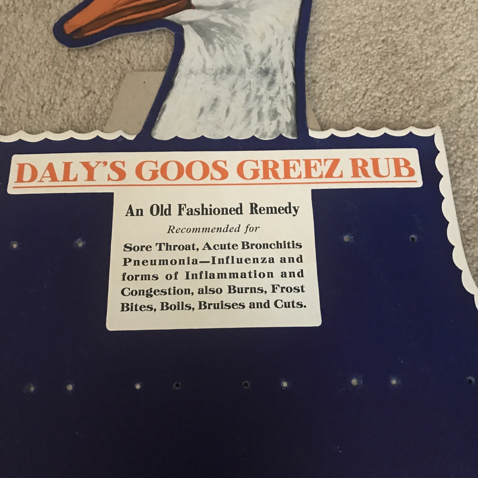 NICE VINTAGE DIE CUT STORE DISPLAY DALYS GOOS GREEZ RUB SIGN, EASEL BACK 21-1/2