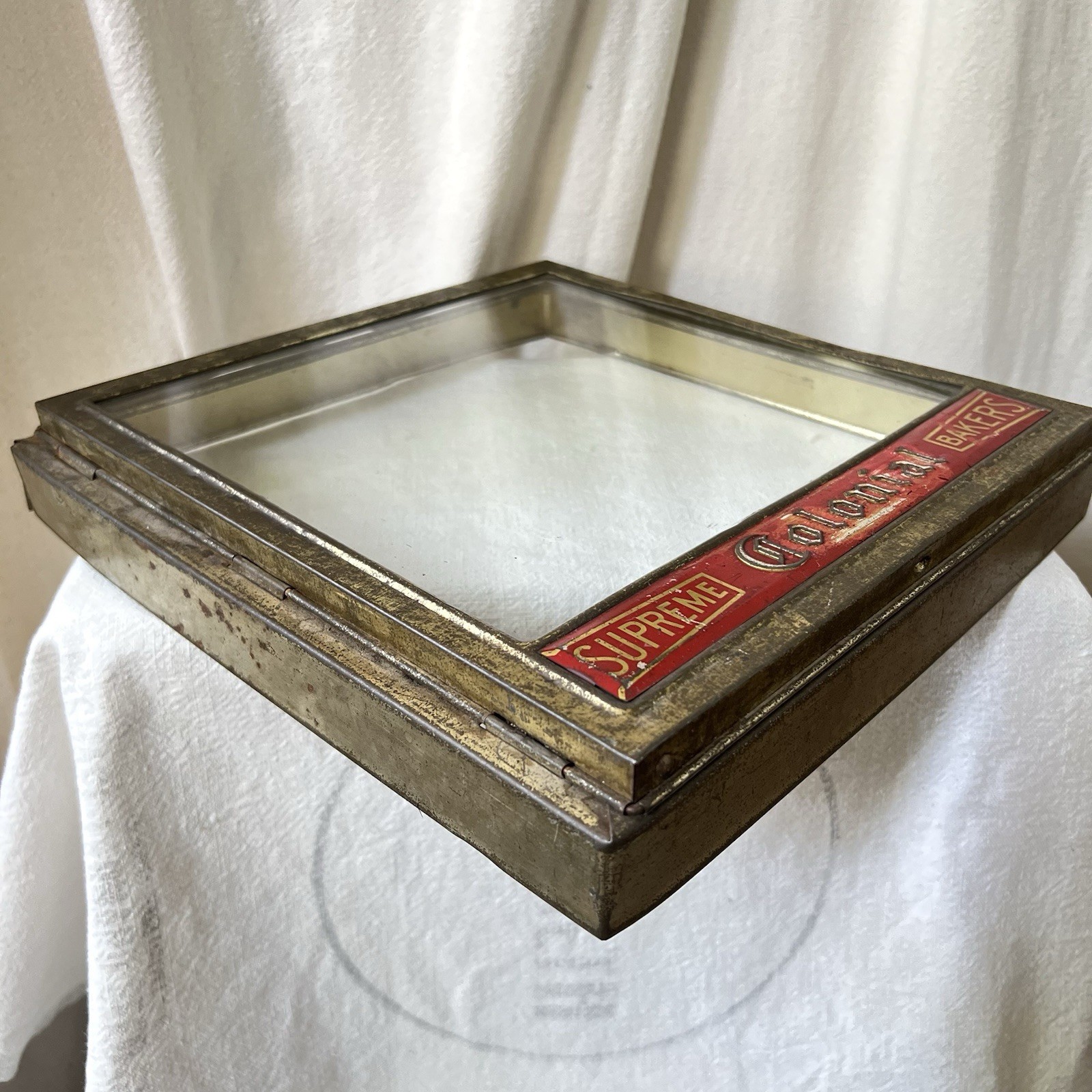 Supreme Colonial Bakers 1920s Hinged Metal & Glass Store Display Frame
