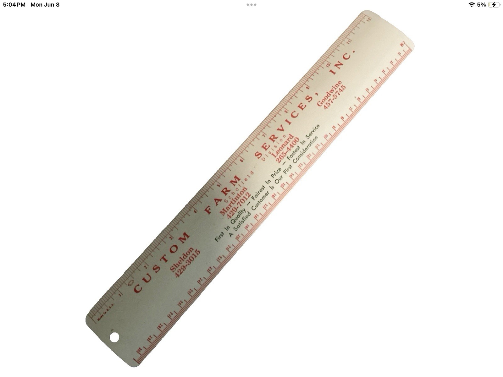 Custom farm services inc vintage metal ruler schofield division
